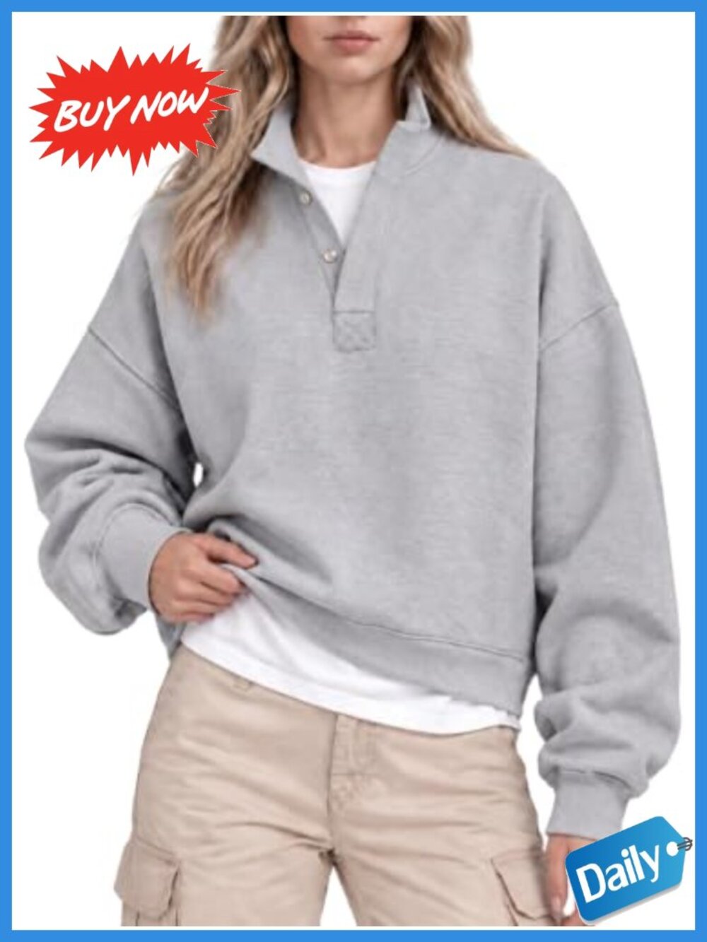 Oversized Cropped Fleece Mock Neck Sweatshirt Snap Button Pullover